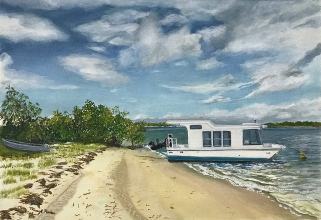 The  Boat at Golden Beach. A watercolour by Merryl Parker.