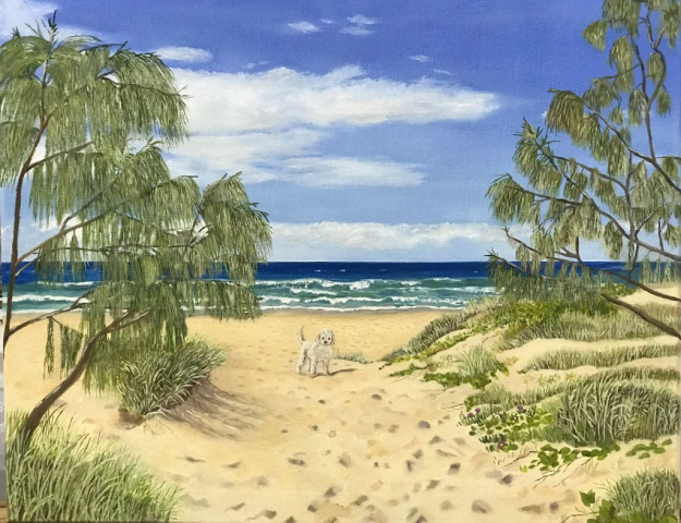 Let's go for a walk. Wurtulla Beach. Oil on canvas by Merryl Parker.
