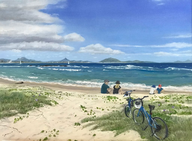 Bike ride to Point Cartwright. An oil painting by Merryl Parker.