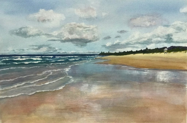 Late afternoon at Wurtulla Beach. A watercolour by Jan and Merryl Parker.